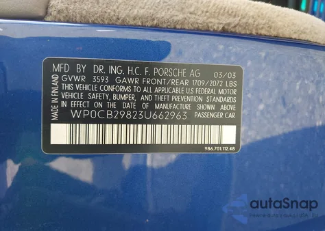 2003 Porsche Boxster S z USA, uszkodzony, nr VIN WP0CB29823U662963